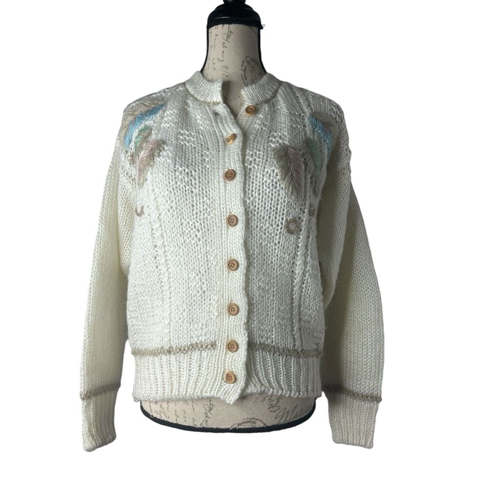 Vtg Erika Hand-Knit Floral Embroidered Sweater Grandma Cardigan Cottage Core M